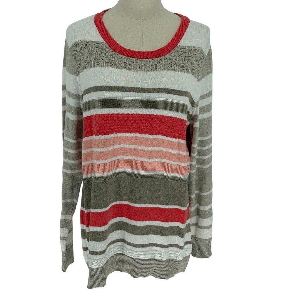 Croft & Barrow Womens XL Striped‎ Cotton Sweater Red Pink Taupe Pointelle Knit